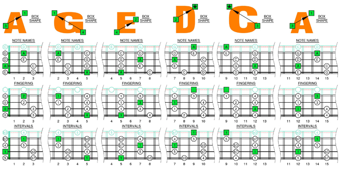 A pentatonic minor scale box shapes