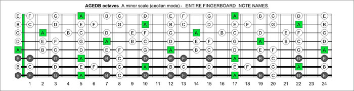 AGEDB octaves fretboard A minor scale notes
