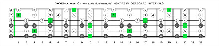 CAGED octaves drop D fretboard C major scale intervals