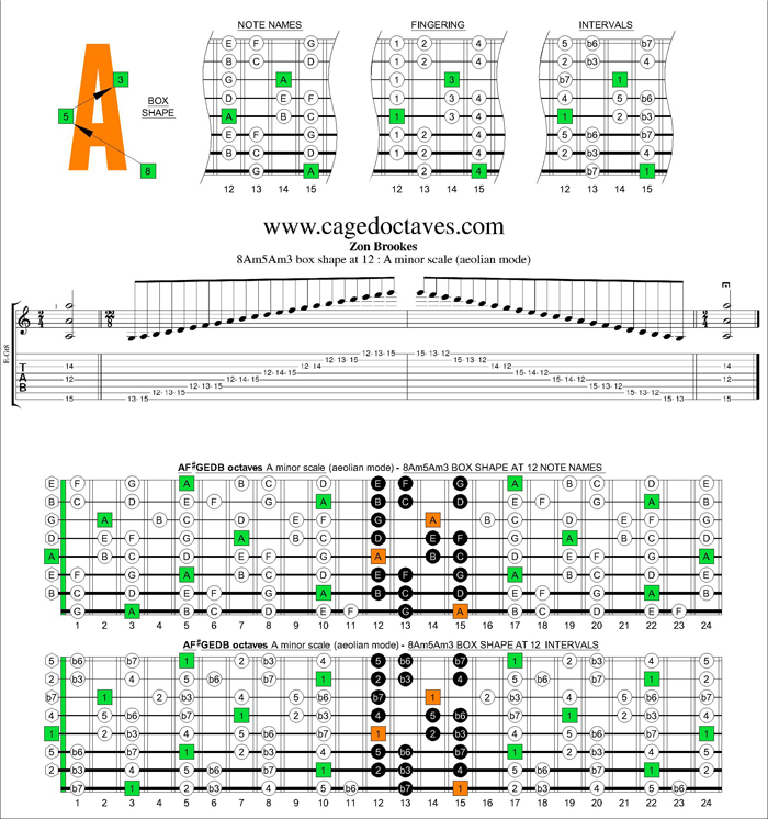 AF#GEDB octaves A minor scale 8Am5Am3 box shape at 12