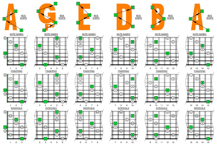 A minor arpeggio box shapes TAB