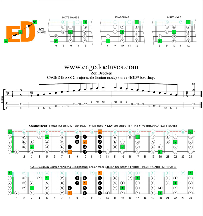 CAGED4BASS C major scale 3nps : 4E2D* box shape