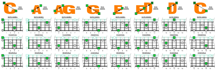 CAGED4BASS C major arpeggio 3nps box shapes