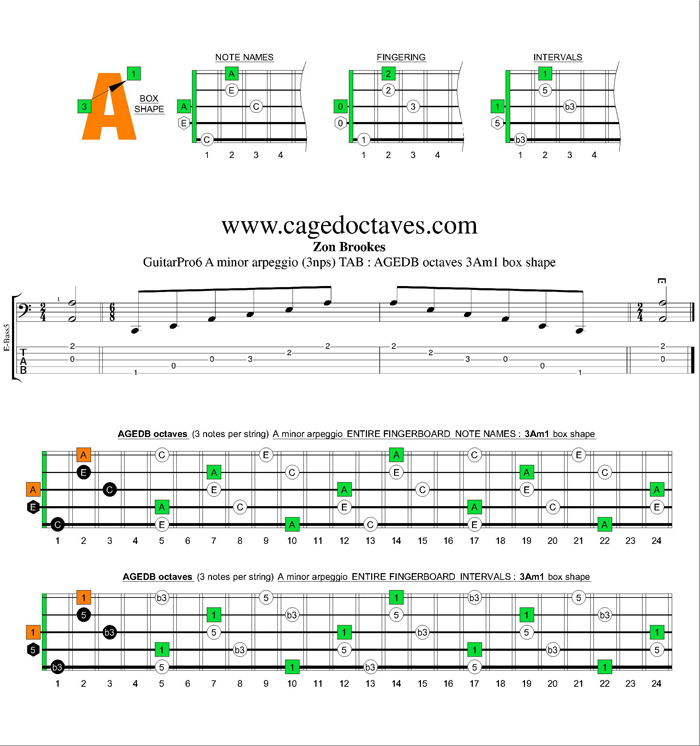 AGEDB octaves A minor arpeggio (3nps) : 3Am1 box shape