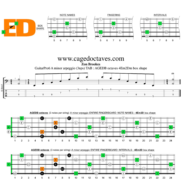 AGEDB octaves A minor arpeggio (3nps) : 4Em2Dm box shape