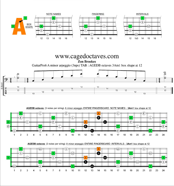 AGEDB octaves A minor arpeggio (3nps) : 3Am1 box shape at 12