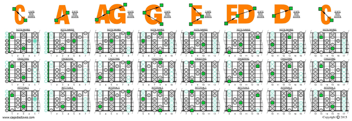 CAGED octaves B locrian mode 3nps box shapes