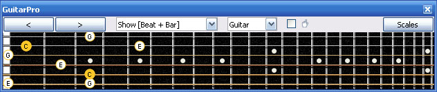 GuitarPro6 fingerboard (Baritone 6-string guitar : B1 standard tuning - BEADF#B) C major arpeggio : 5C2 box shape (3nps)