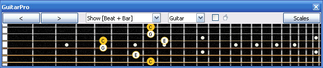 GuitarPro6 fingerboard (Baritone 6-string guitar : B1 standard tuning - BEADF#B) C major arpeggio : 6G3G1 box shape (3nps)