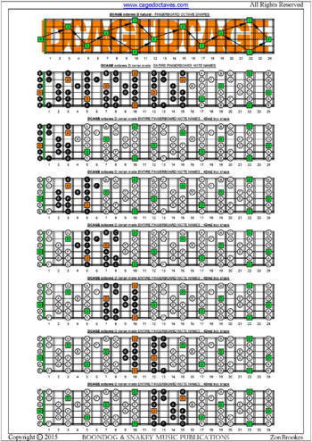 DCAGE octaves D dorian mode box shapes : entire fretboard notes