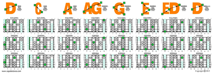 DCAGE octaves D dorian mode 3nps box shapes