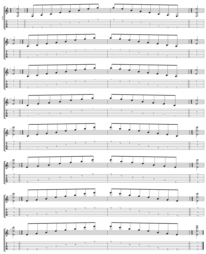 EDCAG octaves E minor arpeggio (3nps) box shapes TAB