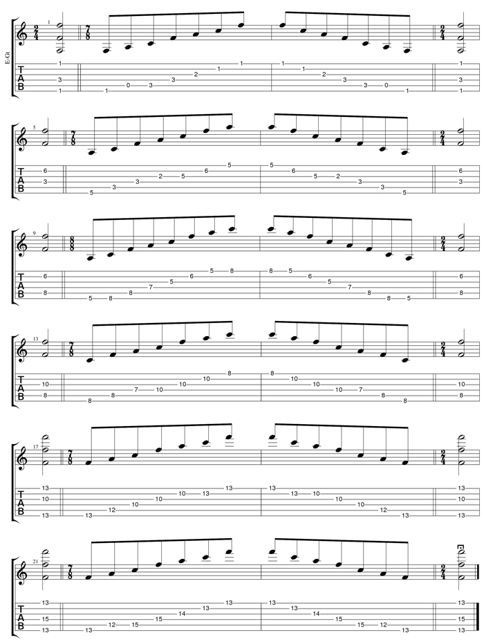 EDCAG octaves F major arpeggio box shapes