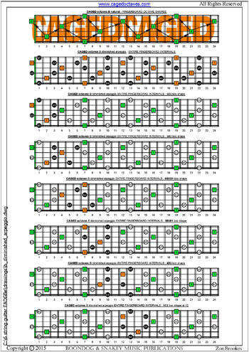 CAGED octaves B diminished arpeggio box shapes : entire fretboard intervals