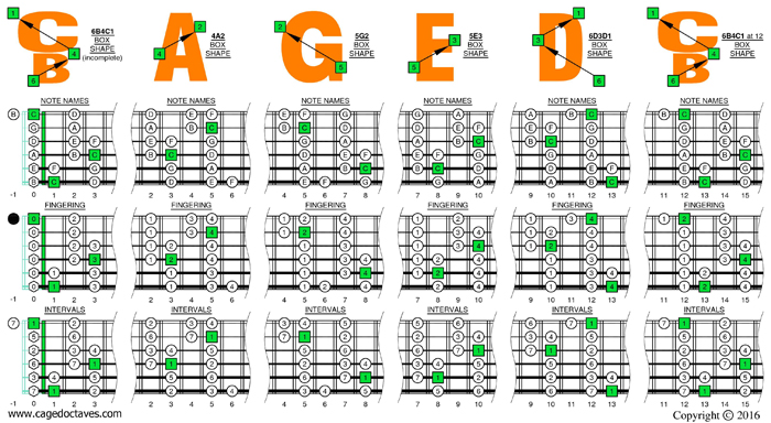 BCAGED octaves C major scale box shapes