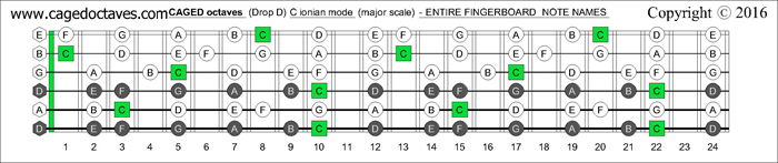 CAGED octaves drop D fretboard C major scale notes