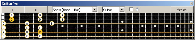 GuitarPro6 fingerboard (Baritone 6-string guitar : Drop A - AEADF#B) C major scale (ionian mode) : 5C2 box shape (3nps)