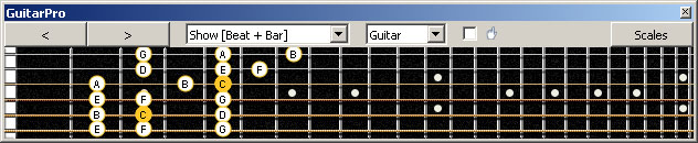 GuitarPro6 fingerboard (Baritone 6-string guitar : Drop A - AEADF#B) C major scale (ionian mode) : 5A3 box shape (3nps)