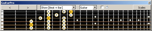GuitarPro6 fingerboard (Baritone 6-string guitar : Drop A - AEADF#B) C major scale (ionian mode) : 5A3G1 box shape (3nps)