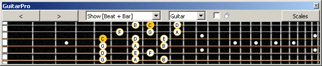 GuitarPro6 fingerboard (Baritone 6-string guitar : Drop A - AEADF#B) C major scale (ionian mode) : 6G3G1 box shape (3nps)