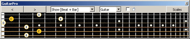 GuitarPro6 (Baritone 6-string guitar : Drop A - AEADF#B) C major scale (ionian mode) : 5C2 box shape