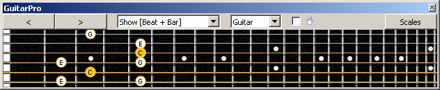 GuitarPro6 (Baritone 6-string guitar : Drop A - AEADF#B) C major scale (ionian mode) : 5A3 box shape