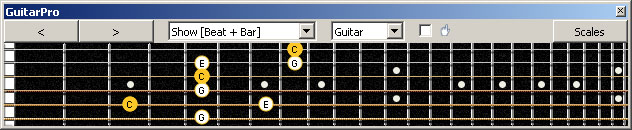 GuitarPro6 (Baritone 6-string guitar : Drop A - AEADF#B) C major scale (ionian mode) : 5A3G1 box shape