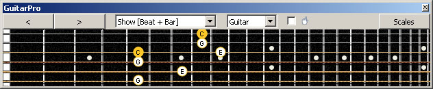 GuitarPro6 (Baritone 6-string guitar : Drop A - AEADF#B) C major scale (ionian mode) : 3G1 box shape