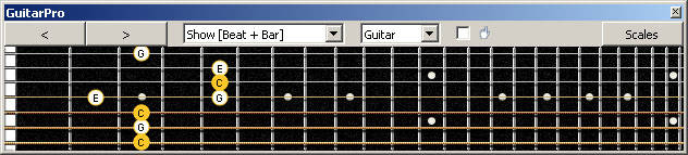 GuitarPro6 (7-string Drop A) C major arpeggio: 7A5A3 box shape