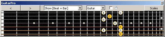 GuitarPro6 (7-string Drop A) C major arpeggio: 7B5B2 box shape at 12