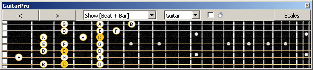 GuitarPro6 (7 string Drop A) 3nps C ionian mode (major scale) : 7B5A3 box shape