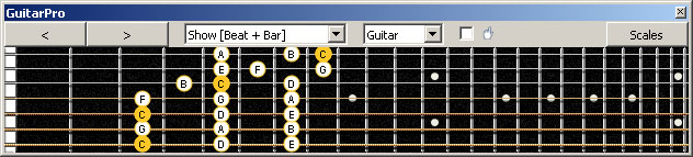 GuitarPro6 (7 string Drop A) 3nps C ionian mode (major scale) : 7A5A3G1 box shape