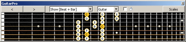 GuitarPro6 (7 string Drop A) 3nps C ionian mode (major scale) : 6E4E1 box shape