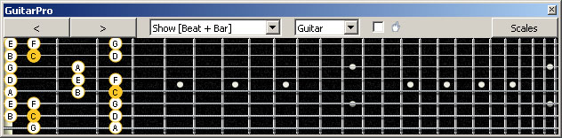 GuitarPro6 Meshuggah's 8-String Guitar Tuning (FBbEbAbDbGbBbEb) C major scale : 7B5B2 box shape