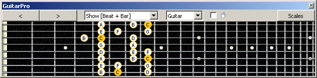 GuitarPro6 Meshuggah's 8-String Guitar Tuning (FBbEbAbDbGbBbEb) C major scale : 8F#6G3G1 box shape