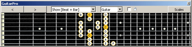 GuitarPro6 Meshuggah's 8-String Guitar Tuning (FBbEbAbDbGbBbEb) C major scale : 6E4E1 box shape