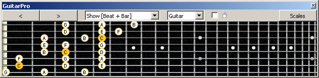 GuitarPro6 Meshuggah's 8-String Guitar Tuning (FBbEbAbDbGbBbEb) C major scale (ionian mode) : 7B5A3 box shape (3nps)