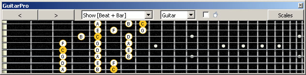 GuitarPro6 Meshuggah's 8-String Guitar Tuning (FBbEbAbDbGbBbEb) C major scale (ionian mode) : 8A5A3G1 box shape