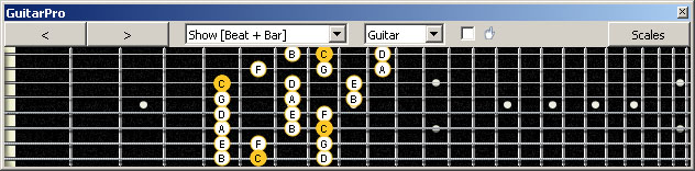GuitarPro6 Meshuggah's 8-String Guitar Tuning (FBbEbAbDbGbBbEb) C major scale (ionian mode) : 8F#6G3G1 box shape (3nps)