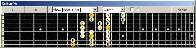 GuitarPro6 Meshuggah's 8-String Guitar Tuning (FBbEbAbDbGbBbEb) C major scale (ionian mode) : 8F#6E4E1 box shape (3nps)