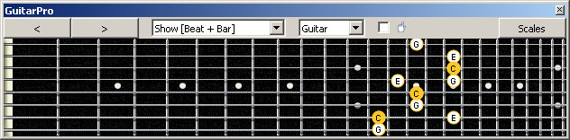 GuitarPro6 3nps C major arpeggio : 7B5A3 box shape at 12