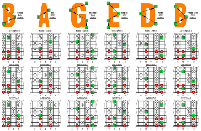 C major scale (8-string: Drop E) box shapes