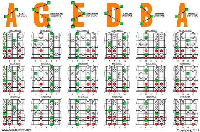 A minor scale (aeolian mode)- (8-string: Drop E) box shapes