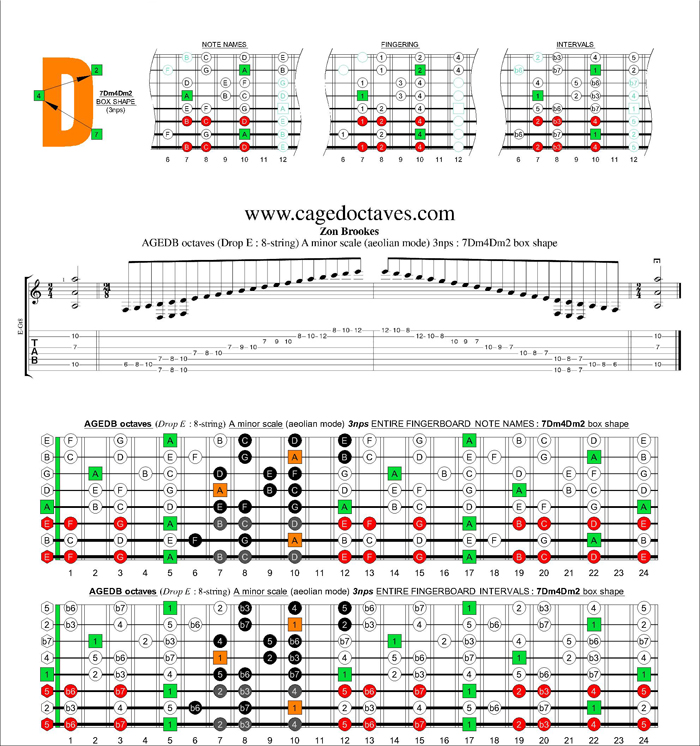 AGEDC octaves (8-string : Drop E) A minor scale (aeolian mode) 3nps : 7Dm4Dm2 box shape