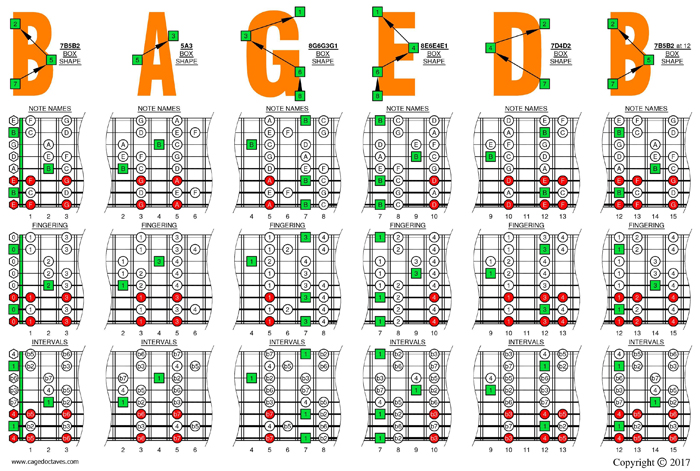 B locrian mode (8-string: Drop E) box shapes