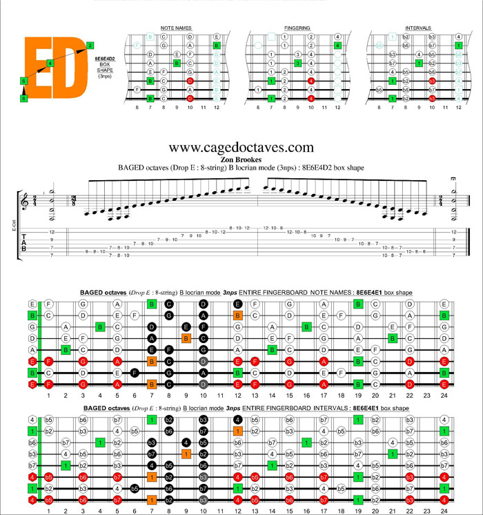 BAGED octaves (8-string : Drop E) B locrian mode 3nps : 8E6E4D2 box shape