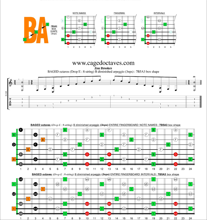 BAGED octaves (8-string : Drop E) B diminished arpeggio (3nps) : 7B5A3 box shape