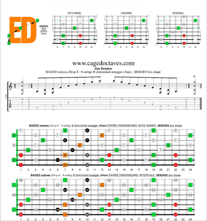BAGED octaves (8-string : Drop E) B diminished arpeggio (3nps) : 8E6E4D2 box shape