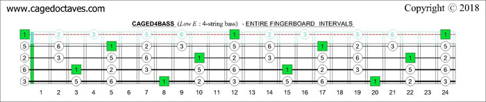 CAGED4BASS fingerboard C pentatonic major scale intervals