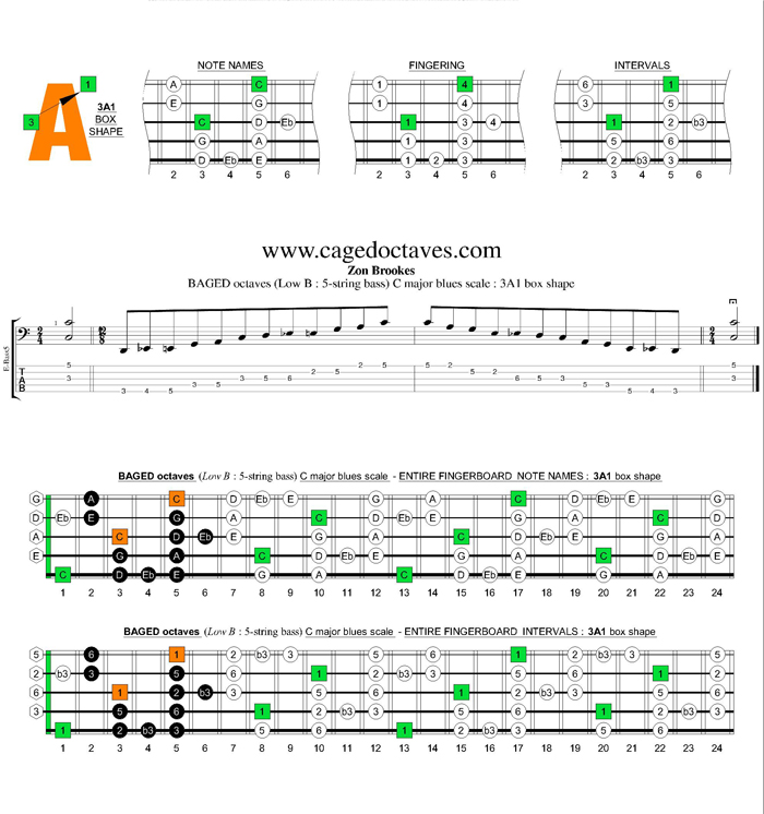 BAGED octaves (5-string bass : Low B) C major blues scale : 3A1 box shape